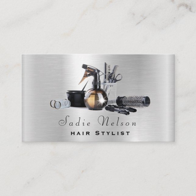 Silver Metal Hair stylist Salon Tools Beauty Business Card (Front)