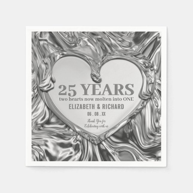 Silver Metal Heart Wedding Anniversary Napkin (Front)