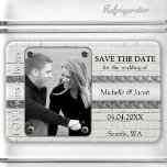 Silver Metal Industrial Photo Save the Date Magnet<br><div class="desc">Save the Date magnet featuring your own photo framed by a modern industrial design with white bricks and silver metallic screws and details (printed).</div>