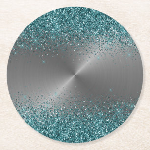 Silver Metal Look Glitter Teal Circular Metallic Round Paper Coaster