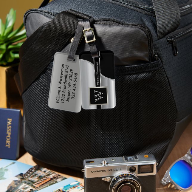 Silver Metal Masculine Monogram Executive Style Luggage Tag (Front & Back)