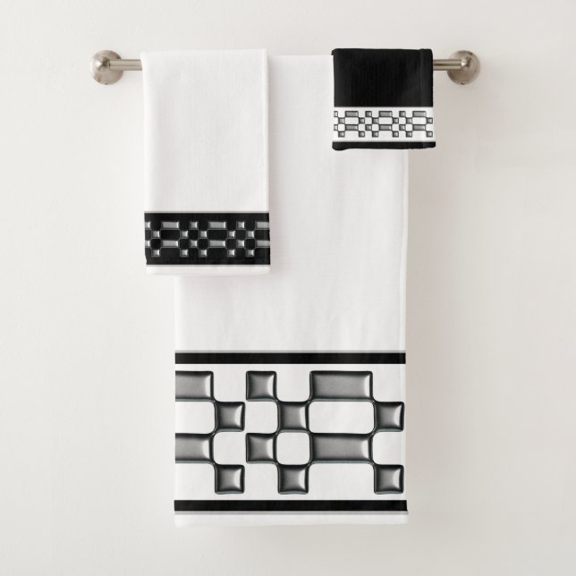 Silver Metal Pattern on Black & White Towel Set (Insitu)