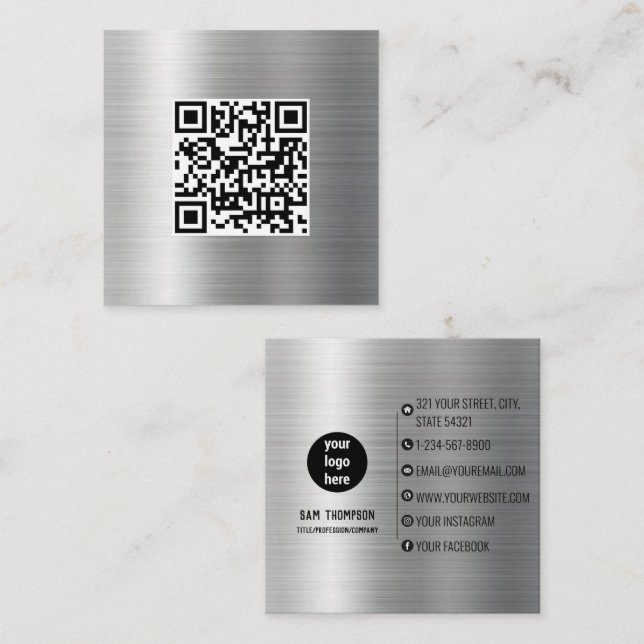 Silver Metal QR Code Business Logo Business Card (Front/Back)
