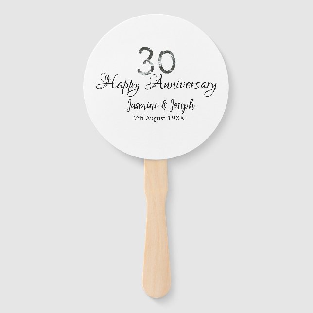 Silver Metallic 30th Happy anniversary add name Hand Fan (Front)