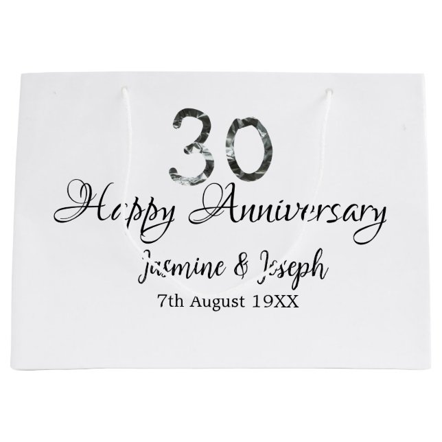 Silver Metallic 30th Happy anniversary add name Large Gift Bag (Front)