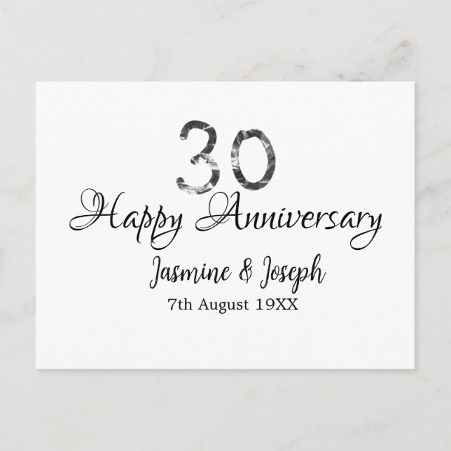 Silver Metallic 30th Happy anniversary add name Postcard (Front)