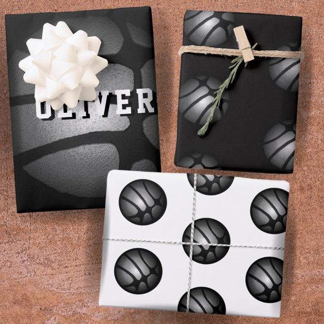 Silver Metallic Basketball Ball Kids Name Birthday Wrapping Paper Sheet (Creator Uploaded)