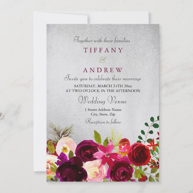 Silver Metallic burgundy Red Floral Wedding Invite (Front)