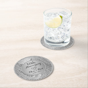 Silver Metallic Damask Round Paper Coaster