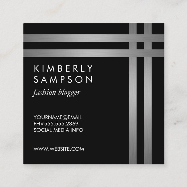 Silver Metallic Double Trim BW Square Business Card (Front)