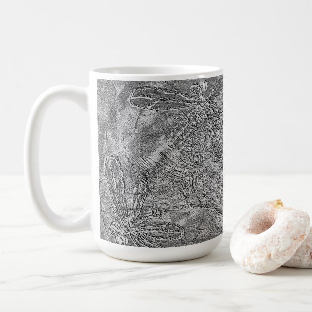 Silver Metallic Embossed Dragonflies Coffee Mug (With Donut)