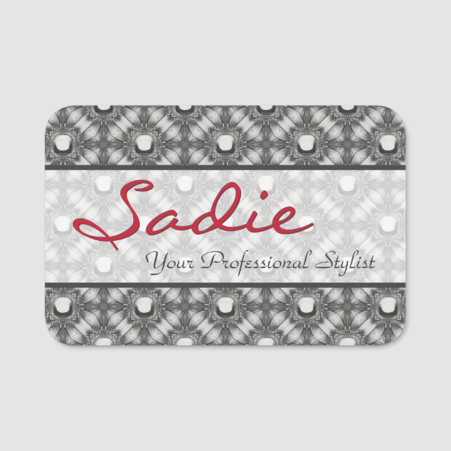 Silver Metallic Flowers and Gemstones  Name Tag (Front)