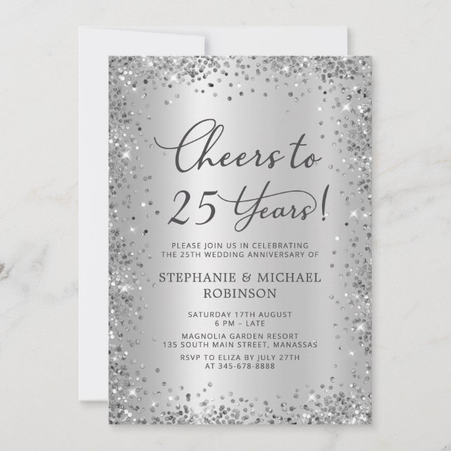 Silver Metallic Glitter 25th Wedding Anniversary Invitation (Front)