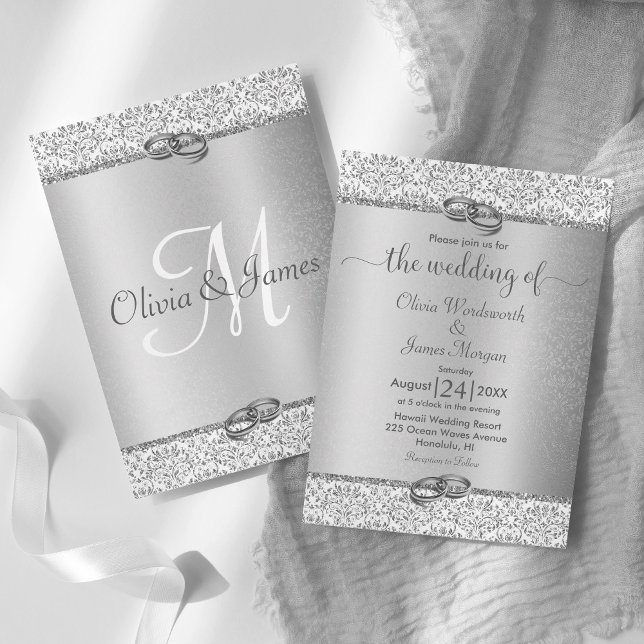 Silver Metallic Glitter Monogram Wedding Invitation (Creator Uploaded)