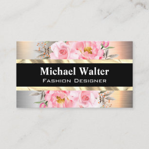 Silver Metallic Gold Pink Flowers Business Card