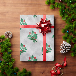 Silver Metallic Holly Berries Holiday Christmas Wrapping Paper