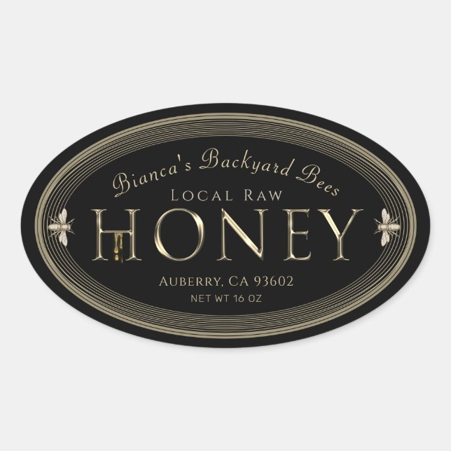  Silver Metallic Honey label with Bees Drips Black (Front)