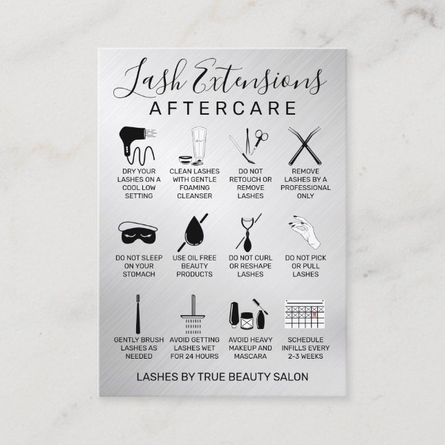 Silver Metallic Lash Extensions Aftercare Icon Business Card (Front)