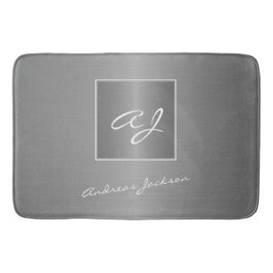 silver metallic modern script monogram name bath mat