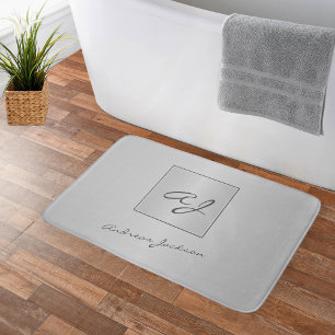 Silver metallic modern script monogram name bath mat