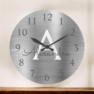 Silver Metallic Monogram Name & Initial Large Clock