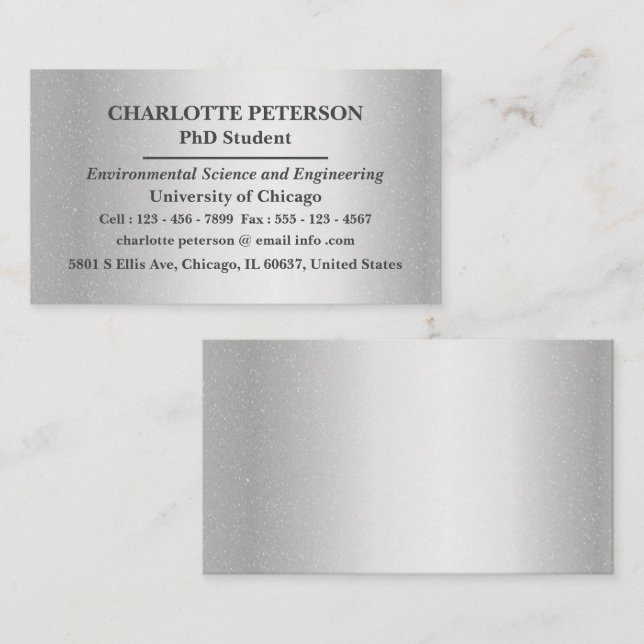 Silver Metallic PhD- Graduate Student  Business Card (Front/Back)
