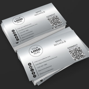 Silver Metallic QR Code Logo Connect With Us Business Card