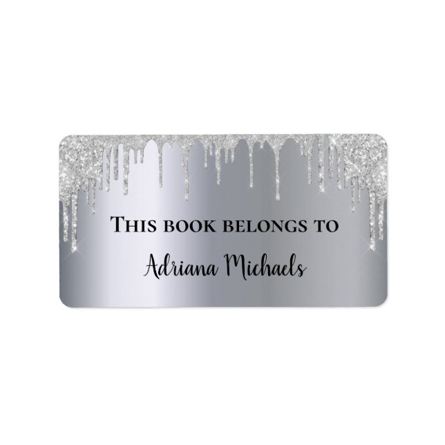 Silver metallic shiny glitter glam bookplate label (Front)