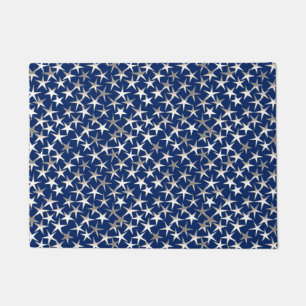 Silver Metallic Textured Stars on Cobalt Blue Doormat