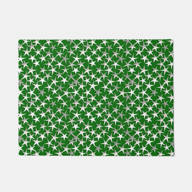 Silver Metallic Textured Stars on Emerald Green Doormat (Front)