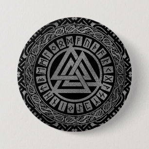 Silver Metallic Valknut Symbol on Celtic Pattern 7.5 Cm Round Badge