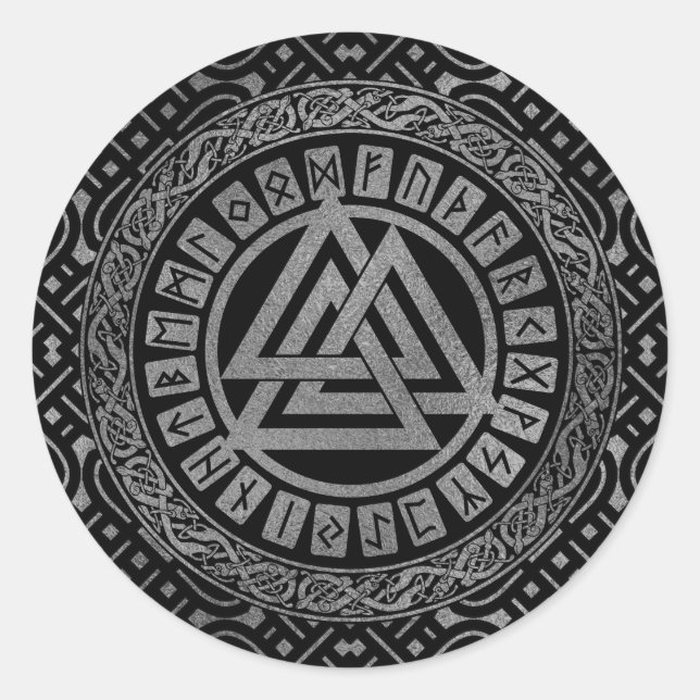 Silver Metallic Valknut Symbol on Celtic Pattern Classic Round Sticker (Front)