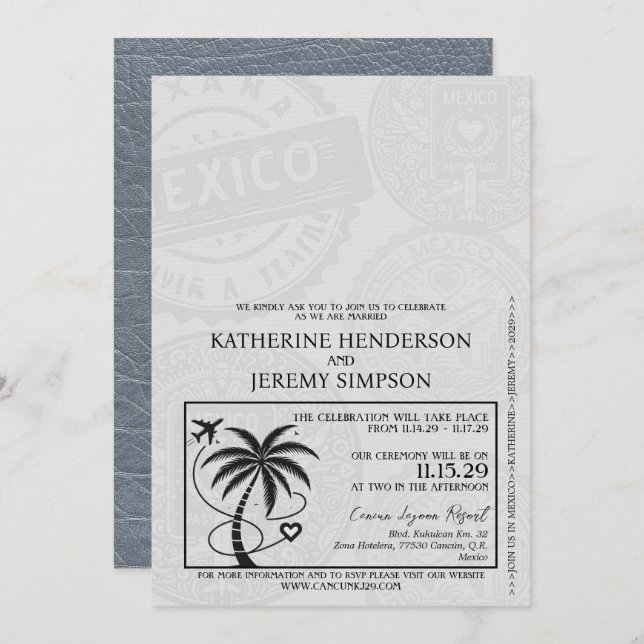 Silver Mexico Passport Wedding Invitation (Front/Back)