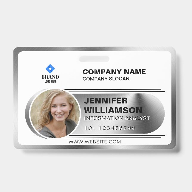 Silver Minimalist Business QR Employee Photo ID Ba Badge (Front)