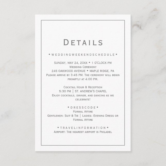 Silver Minimalist Wedding Details Card (Front)