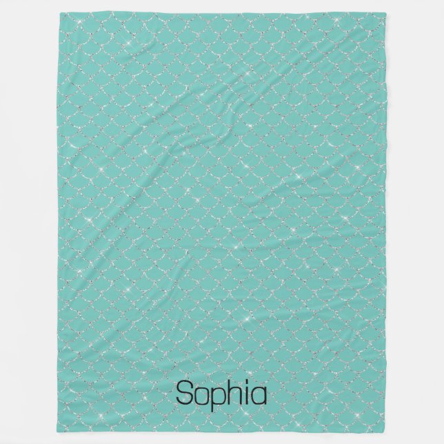 Silver Mint Mermaid Name Fleece Blanket (Front)
