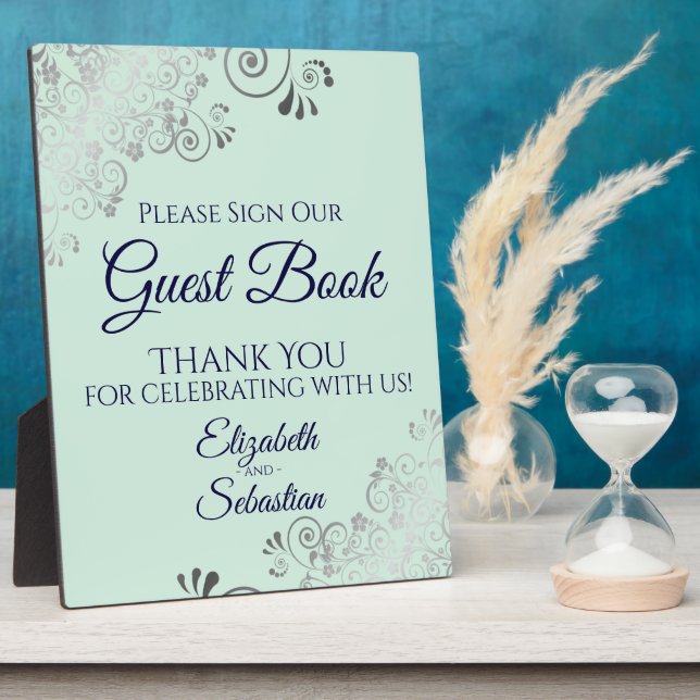 Silver Mint & Navy Sign Our Guest Book Wedding Plaque (Side)