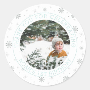 Silver & Mint Snowflake   1st Birthday Party Photo Classic Round Sticker