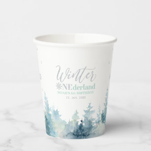 Silver & Mint Winter Onderland 1st Birthday Party Paper Cups