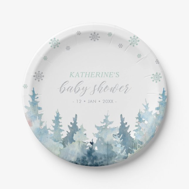 Silver & Mint Winter Wonderland Snow Baby Shower Paper Plate (Front)