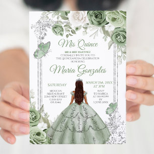 Silver Mis Quince Sage Green Floral Quinceañera Invitation