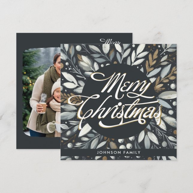 Silver mistletoe wreath Flat Holiday Card (Front/Back)