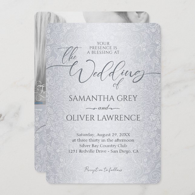 Silver Modern Damask Photo Wedding Invitation (Front/Back)