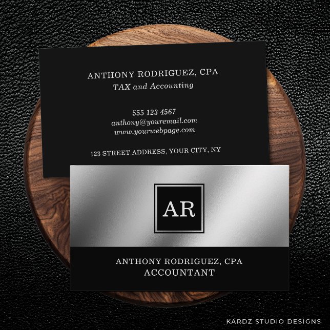 Silver Modern Elegant Monogram Accountant Business Card (This accountant business card is shown in a 3.5 x 2.0 inch. Choose desired size before checkout.)