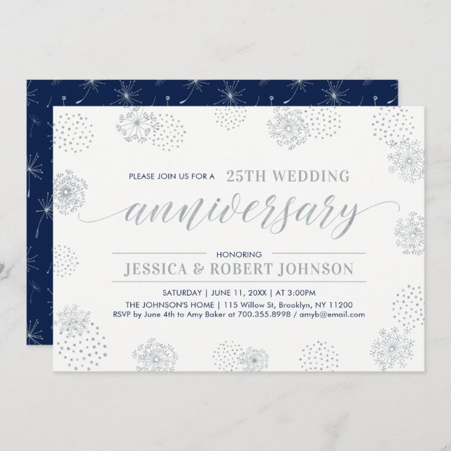Silver | Modern Floral 25th Wedding Anniversary Invitation (Front/Back)