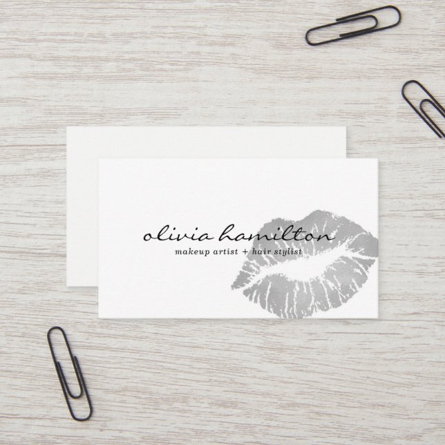 Silver Modern Makeup Artist Business Cards (Front/Back In Situ)