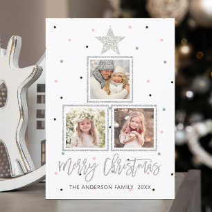 Silver   Modern Merry Christmas 3 Photo Holiday Card