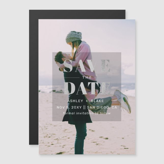Silver Modern Minimalist Photo Save the Date Magnetic Invitation (Front/Back)