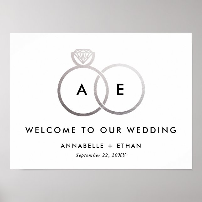 Silver Modern Rings Wedding Welcome Sign (Front)