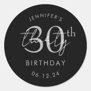 Silver Modern Script 30th Birthday Party Black Classic Round Sticker